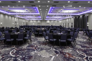Een ruime congreszaal met rijen tafels en stoelen, een kamerbreed tapijt en moderne verlichtingsarmaturen.