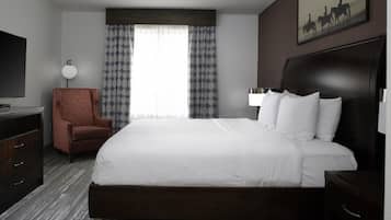 A hotel room with a large bed, a chair, a desk, and a television.