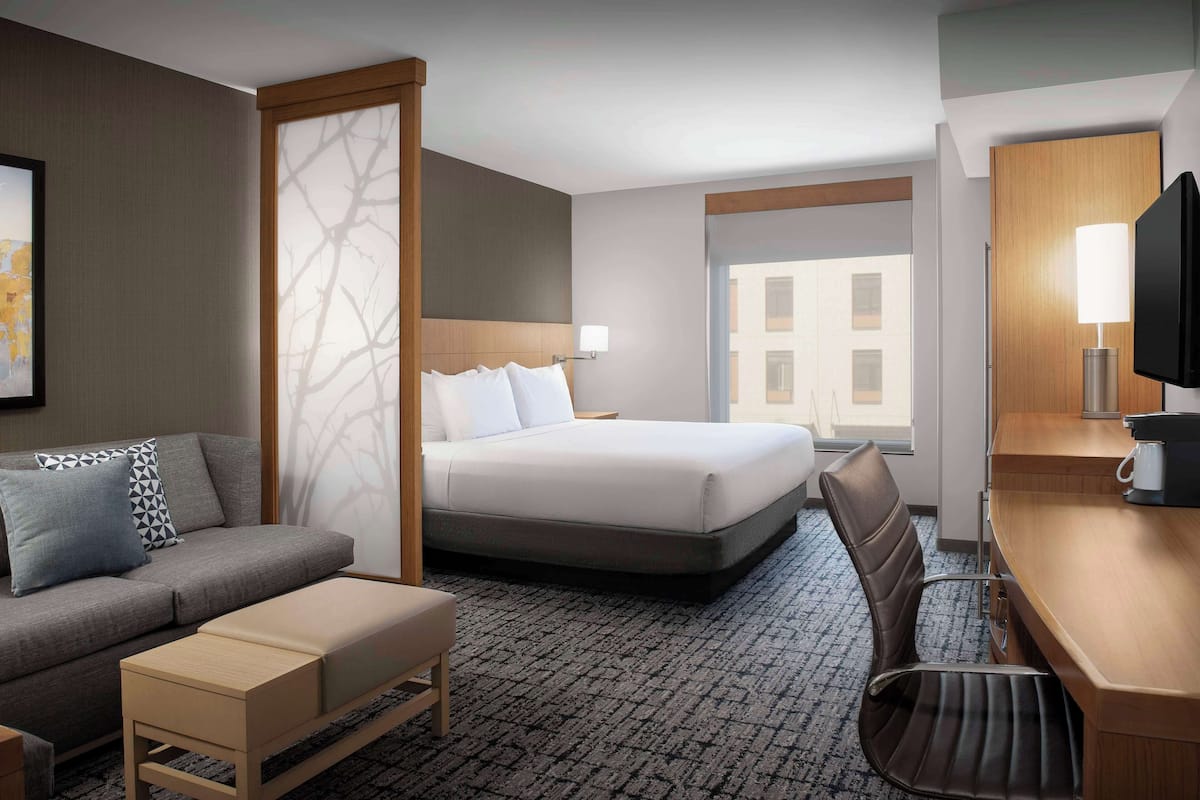 A hotel room with a bed, a sofa, a desk, and a chair.