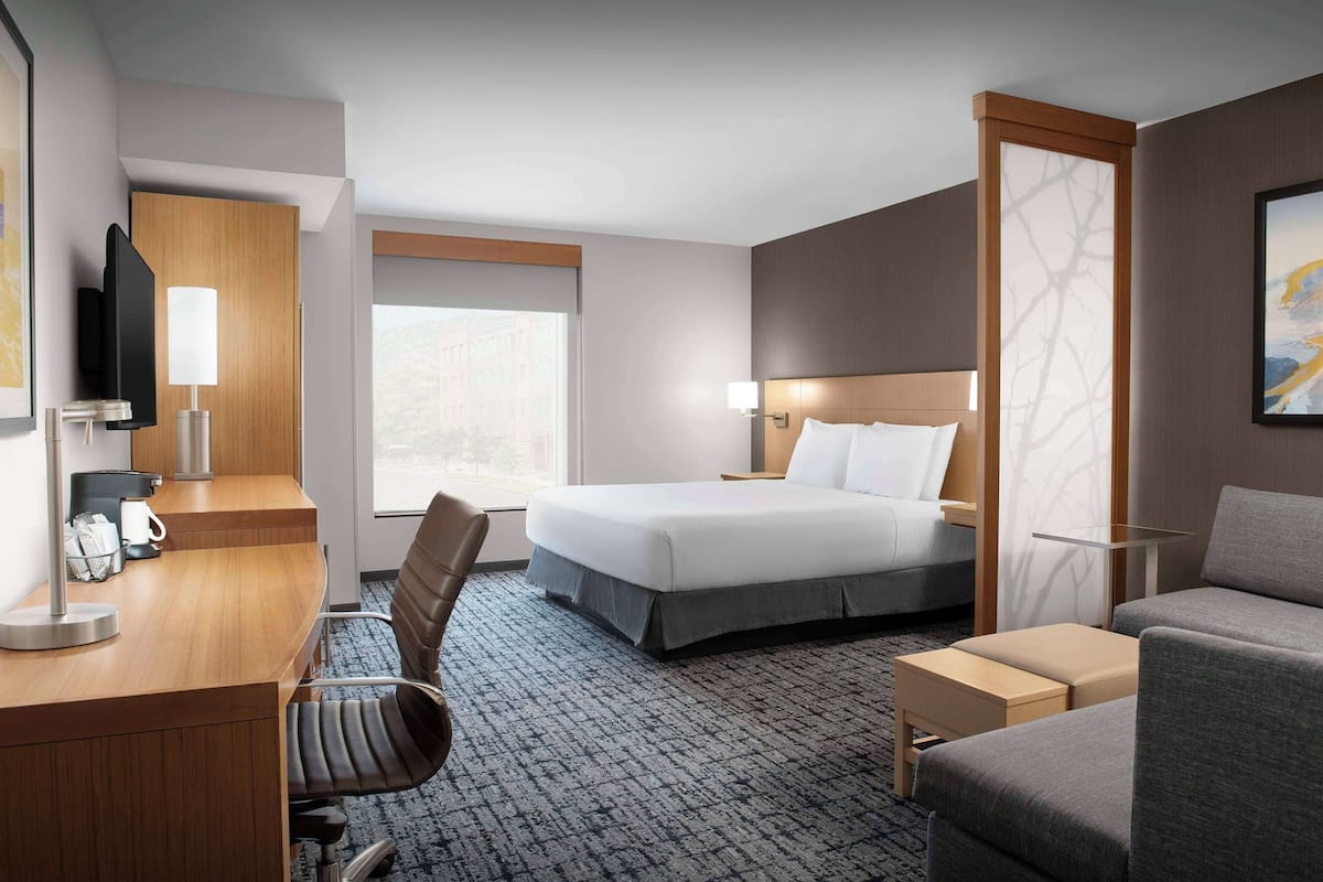 A hotel room with a bed, a desk, a chair, a sofa, a TV, and a window.