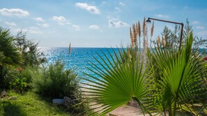 A coastal view with a pathway leading to a beach, surrounded by lush greenery and tall grasses. - Poseidon Beach Hotel (Preveza)