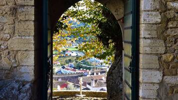 A stone archway with a view of a town below, including buildings and a hill.
