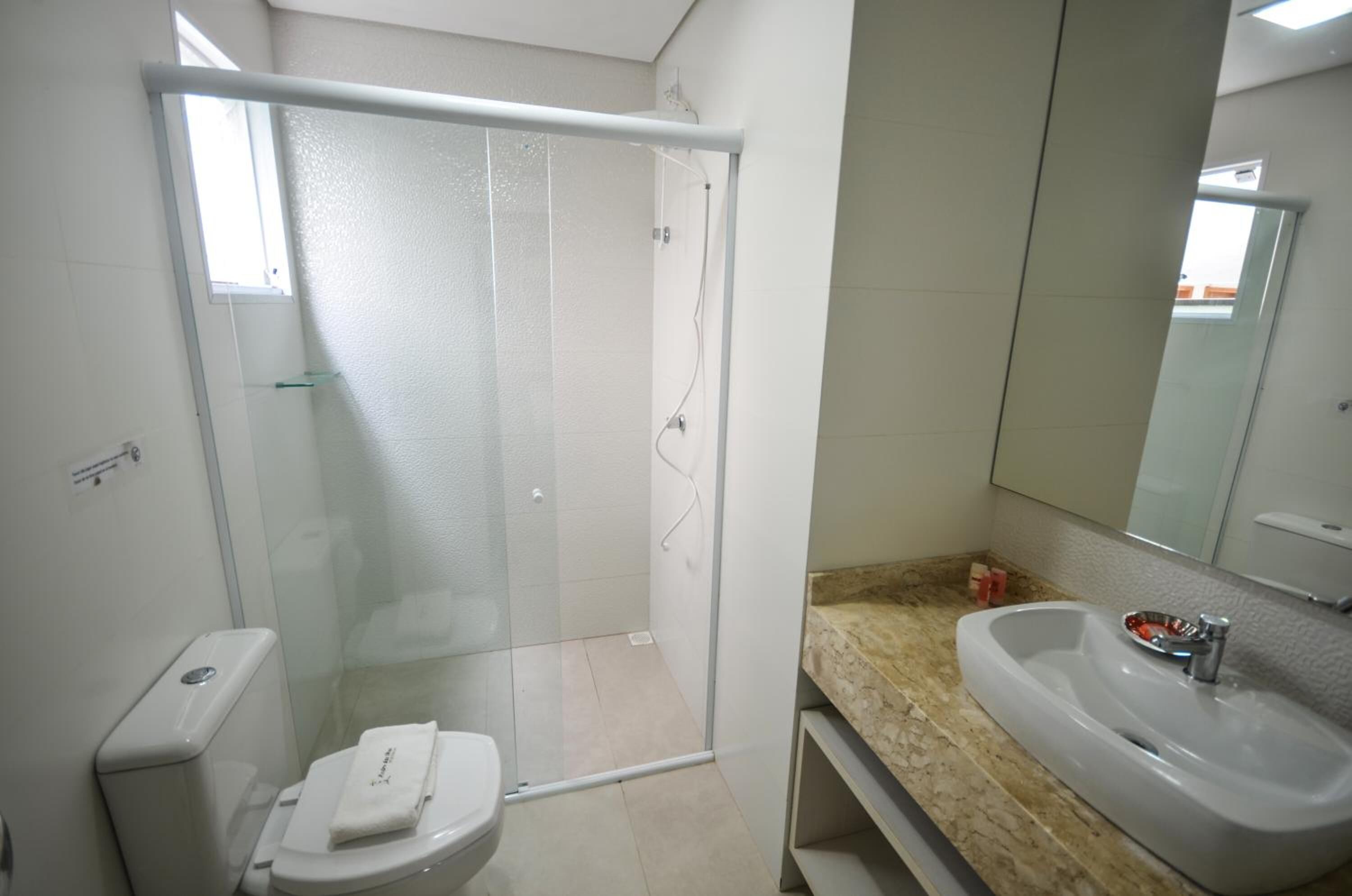 A bathroom with a glass-enclosed shower, a toilet, and a sink with a mirror above it.