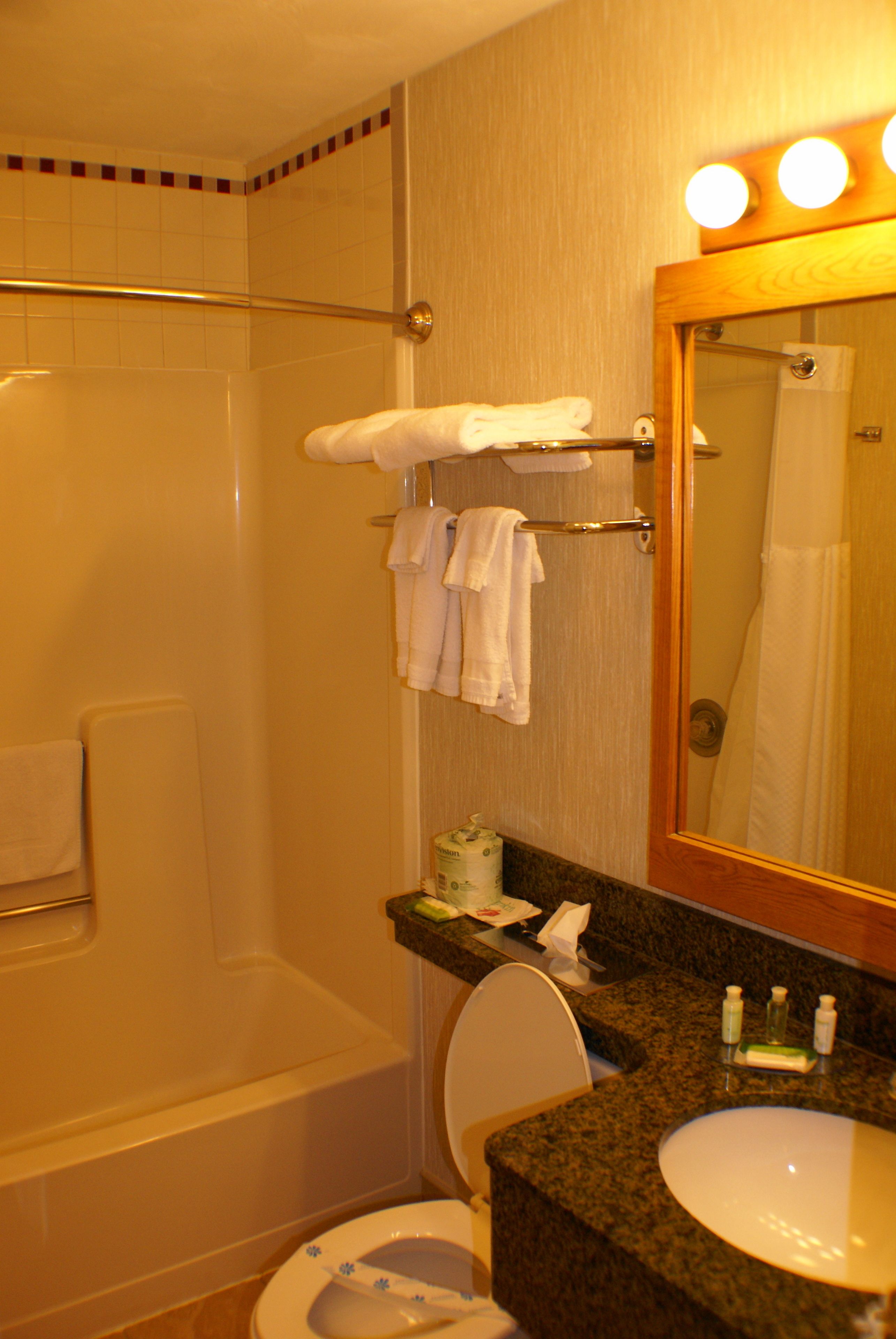 A bathroom with a bathtub, toilet, sink, and a mirror with lights.
