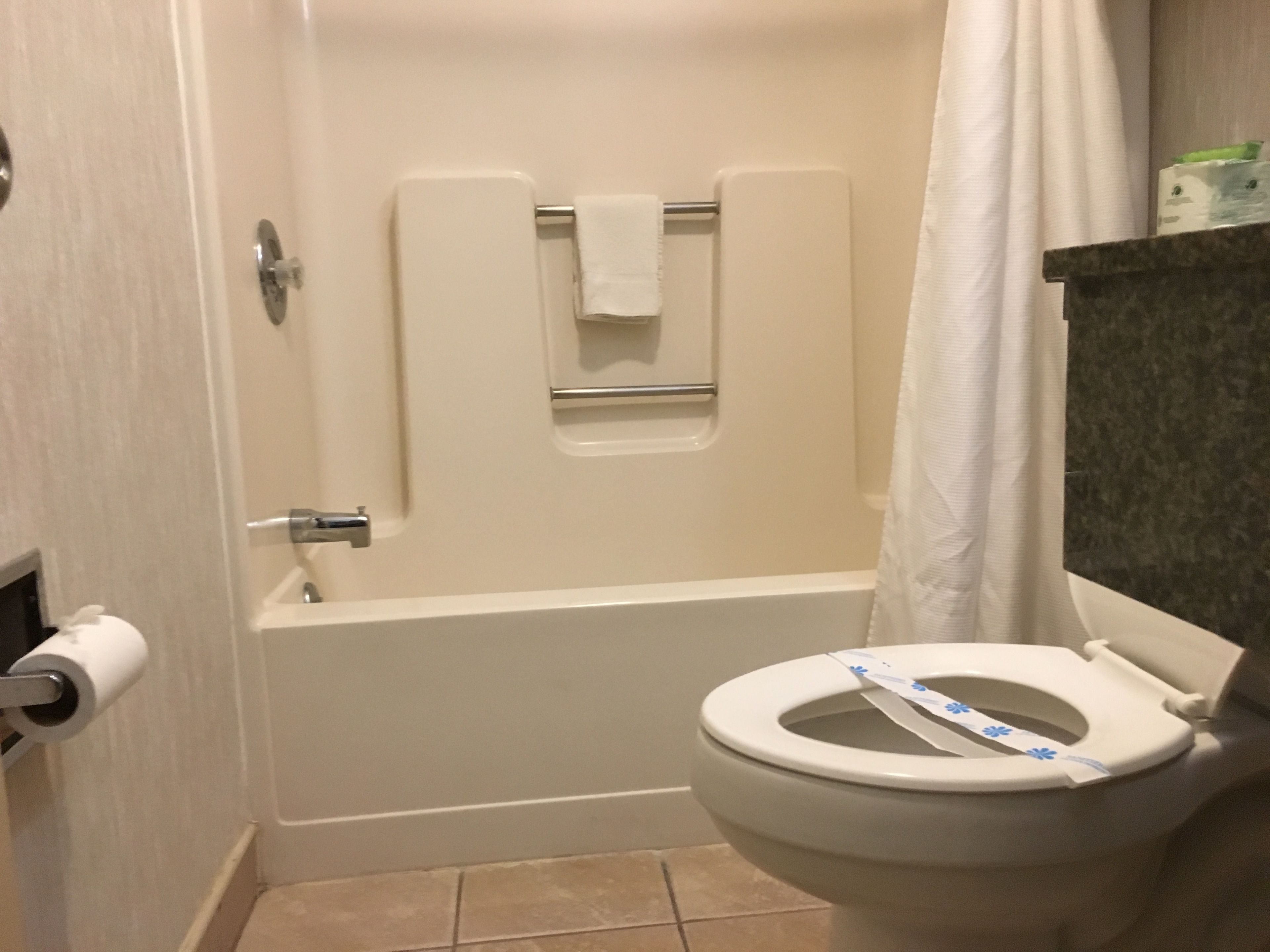A bathroom with a bathtub, toilet, and a shower curtain.