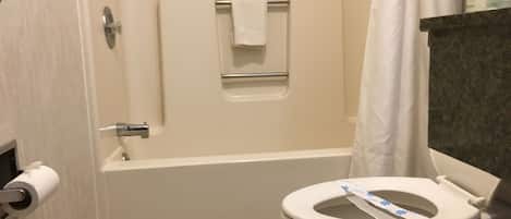 A bathroom with a bathtub, toilet, and a shower curtain.