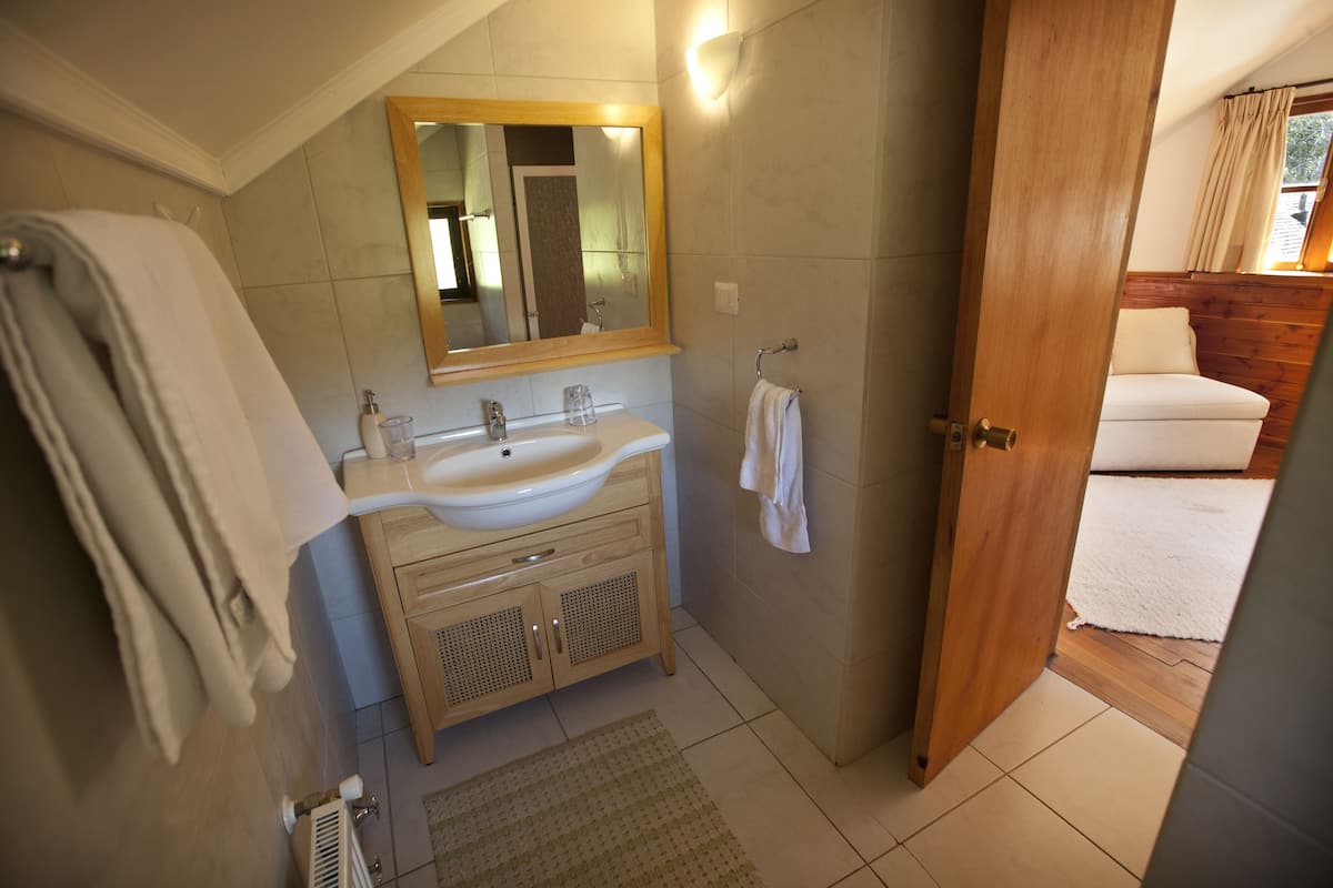 loft | bathroom | hair dryer, towels, soap, shampoo