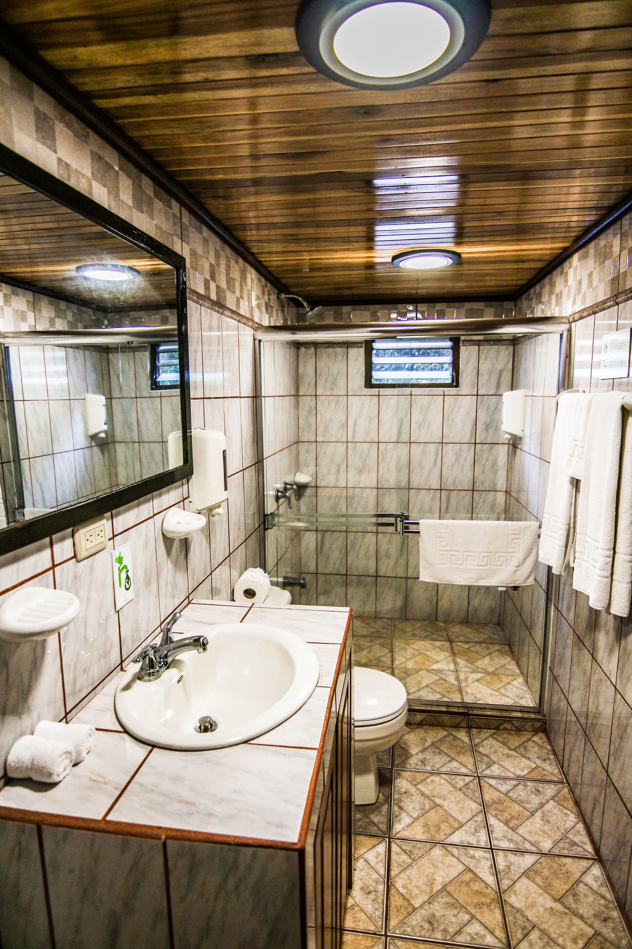 A bathroom with a marble sink, a toilet, a glass shower enclosure, and a mirror.