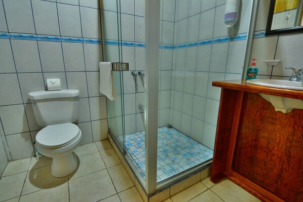 Un baño con inodoro, cabina de ducha de vidrio y lavamanos con encimera de madera.