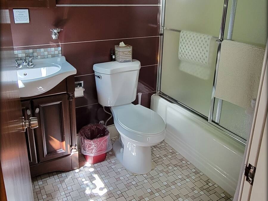 Een badkamer met toilet, wastafel en douche.