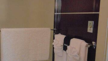 Un baño con mampara de vidrio, un perchero con dos toallas y un interruptor de luz en la pared.