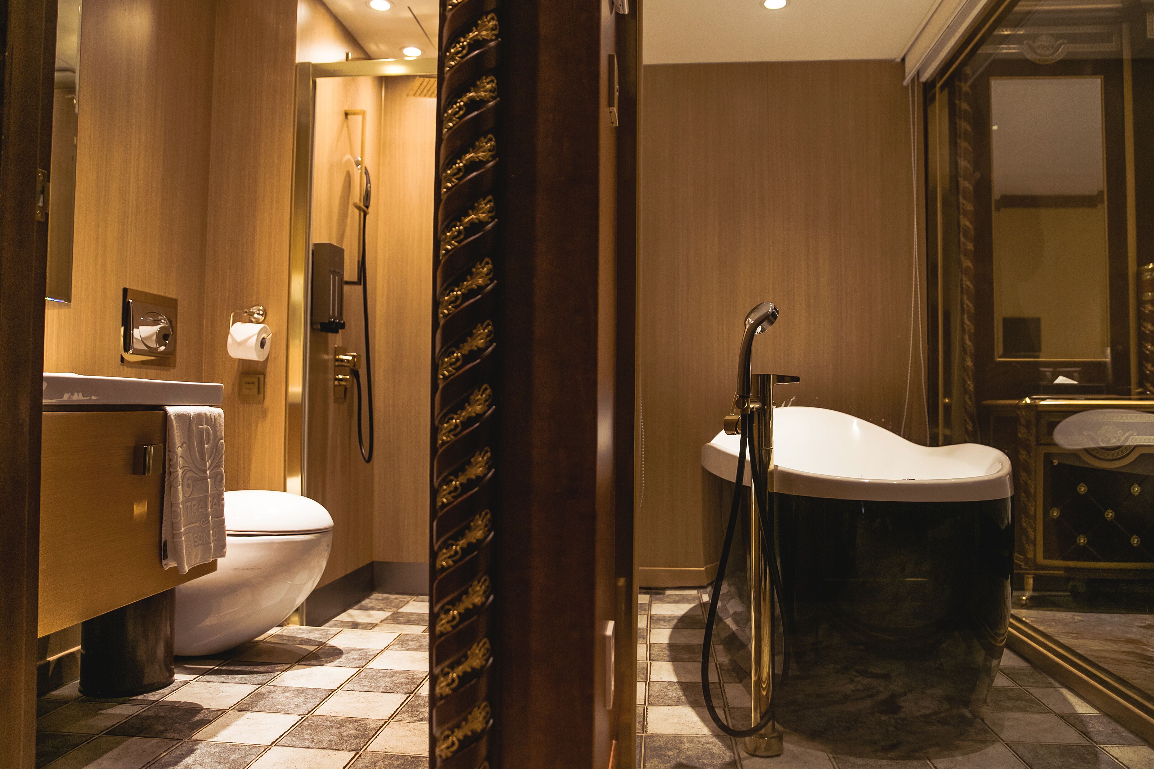 separate bathtub and shower, rainfall showerhead, hair dryer, bathrobes