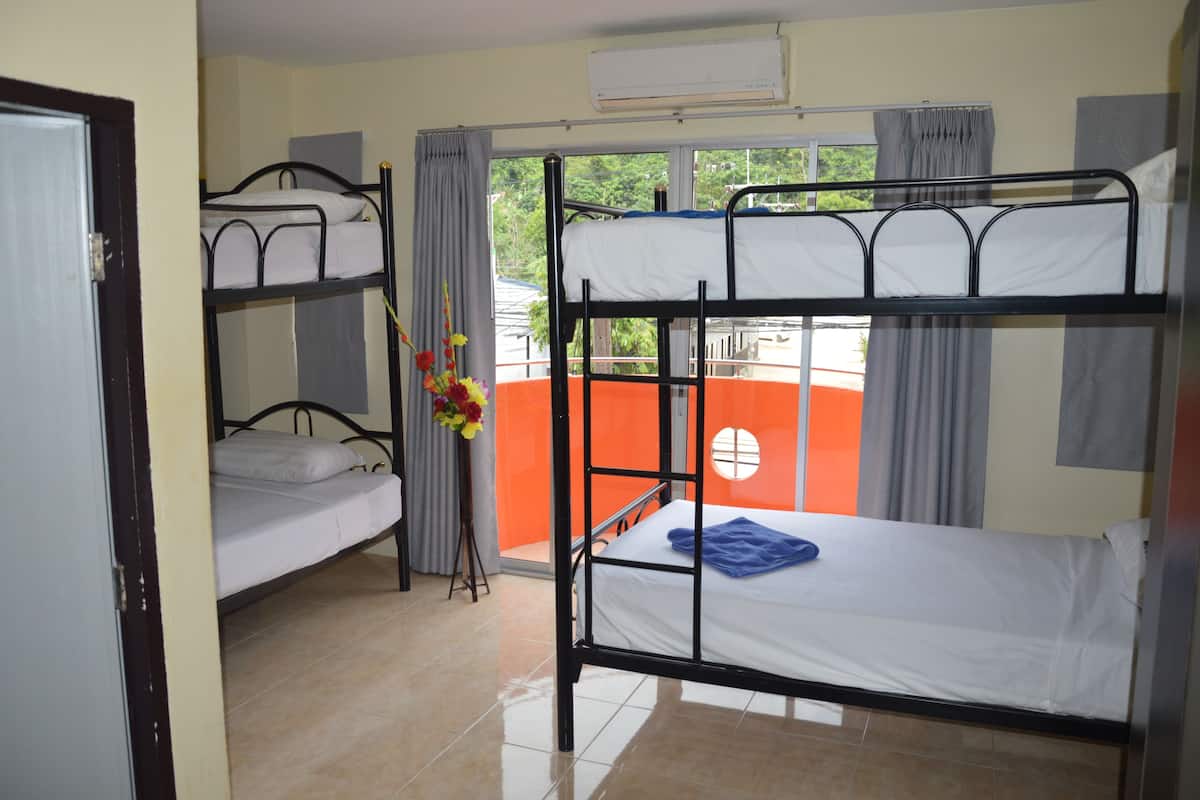 A room with bunk beds, a window with curtains, and a vase with flowers.