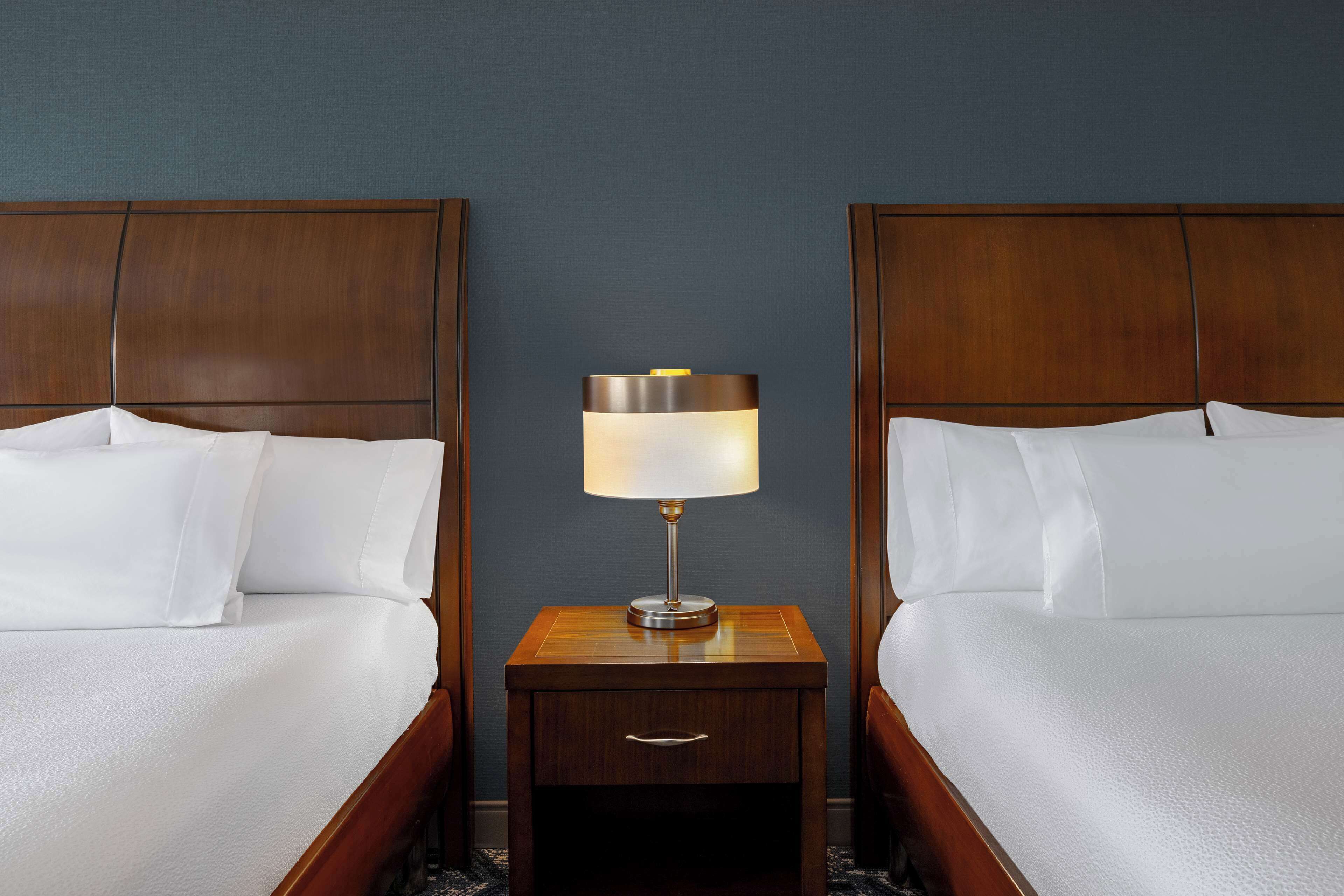 Two neatly made beds with white linens, a wooden nightstand with a lamp between them, and a dark blue wall.