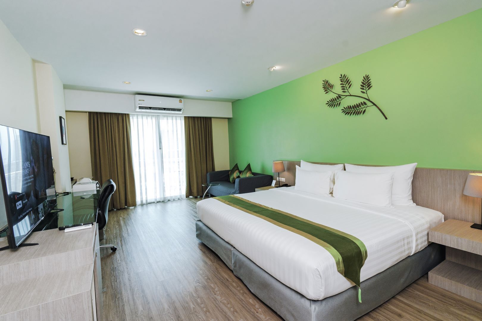 Habitación de hotel con una cama grande, un escritorio con televisor, una silla, un sofá y una planta colgante en la pared.