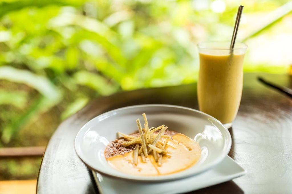 Une assiette de nourriture et une boisson sur une table, avec un arrière-plan flou de couleur verte.