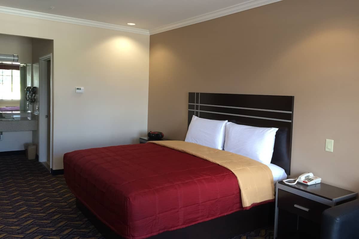 A hotel room with a bed, a nightstand with a phone, a bathroom with a mirror and sink, and a patterned carpet.