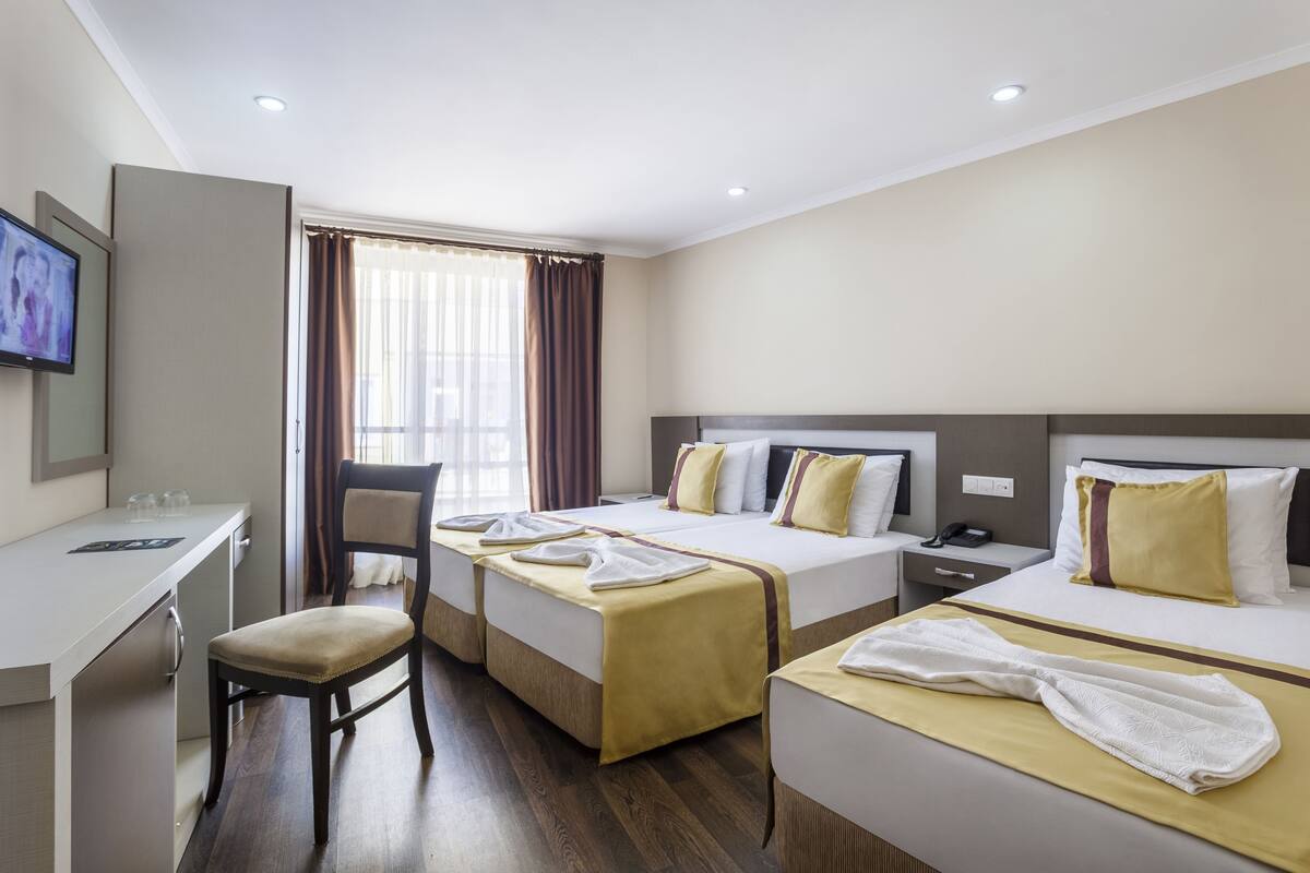 Habitación de hotel con dos camas, un escritorio y un televisor.