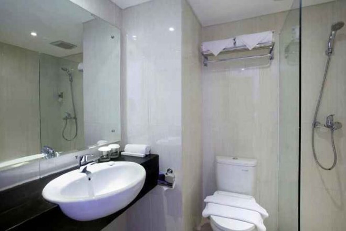 A modern bathroom with a large sink, toilet, and glass shower enclosure.