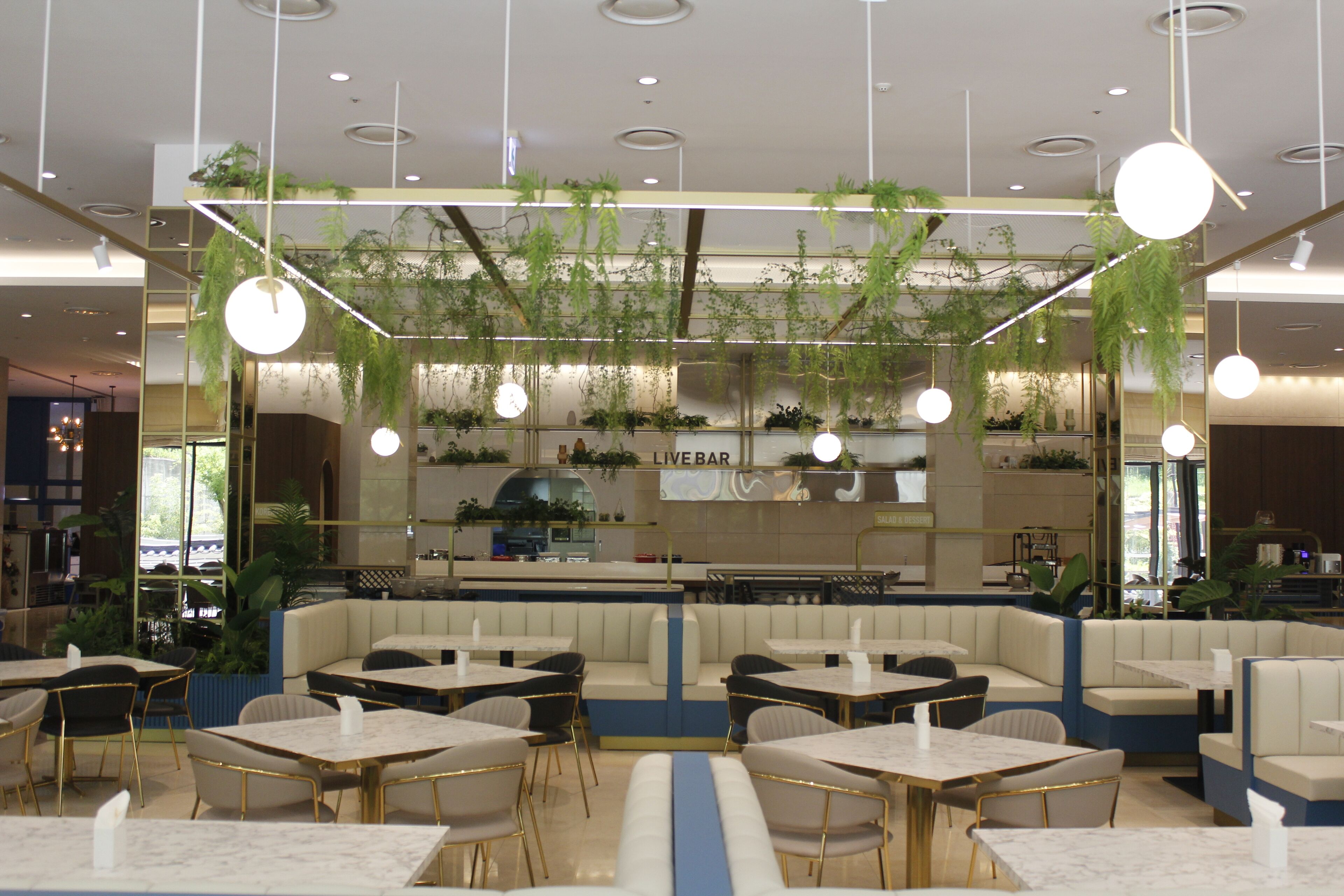 A restaurant with booths and tables, a counter, and hanging plants.