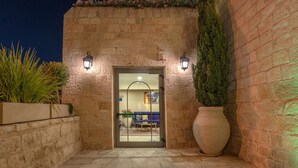 A stone building entrance with a glass door, two wall-mounted lights, and a large potted plant.
