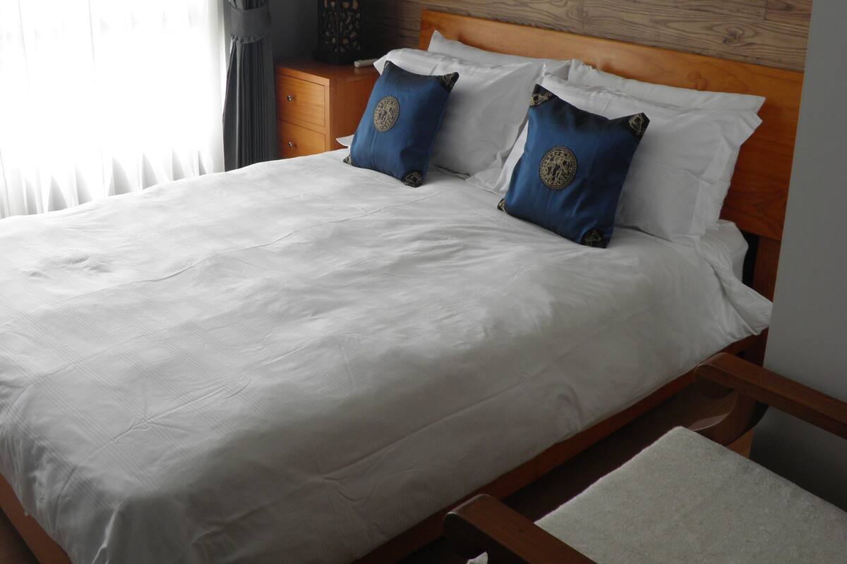A neatly made bed with white linens and two blue pillows, a wooden headboard, a nightstand with a lamp, and a framed picture on the wall.