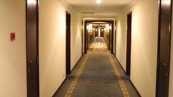 A hotel hallway with a carpeted floor, wooden doors, and a light fixture on the ceiling.