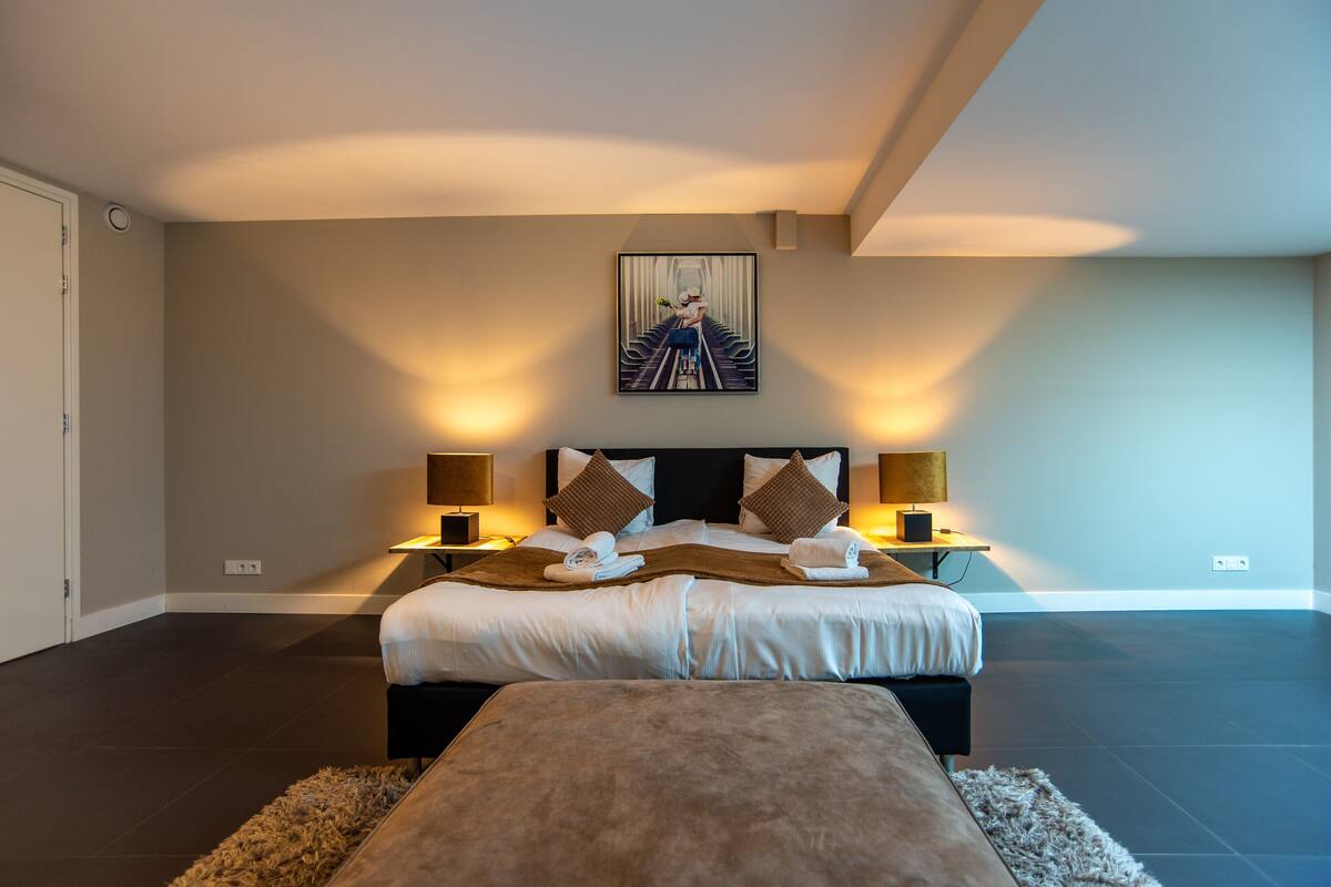 Une chambre moderne avec un grand lit, deux tables de chevet avec des lampes, une tête de lit agrémentée de coussins décoratifs et un tableau au mur.