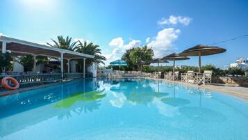 Outdoor pool, pool umbrellas, pool loungers