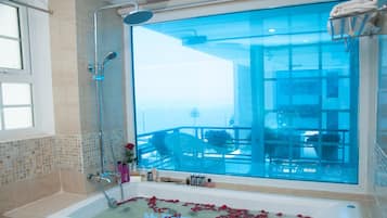 Shower, hydromassage showerhead, designer toiletries, hair dryer