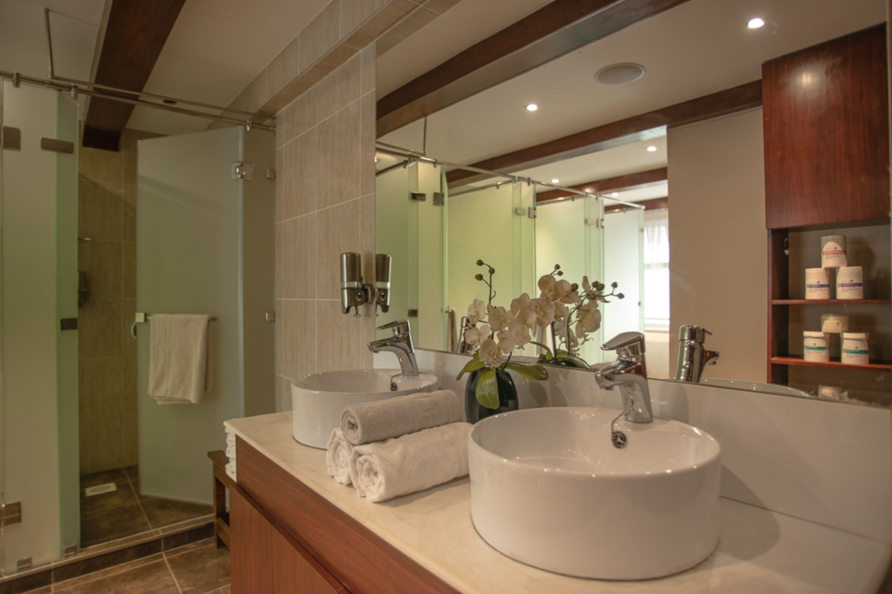 A bathroom with two sinks, a shower, and a large mirror.