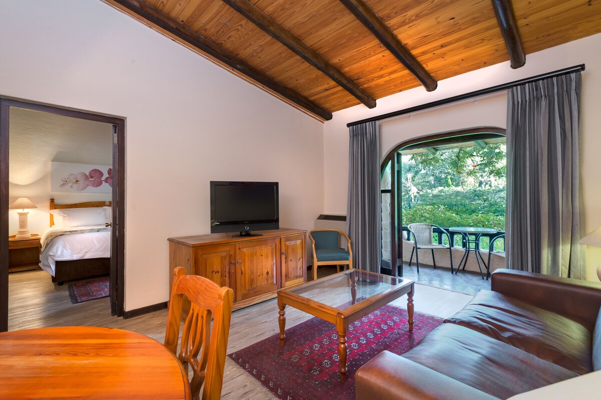 Habitación de hotel con techo de madera, un televisor sobre un mueble de madera, una mesa de vidrio, un sofá de cuero y vistas a la vegetación a través de un amplio ventanal.