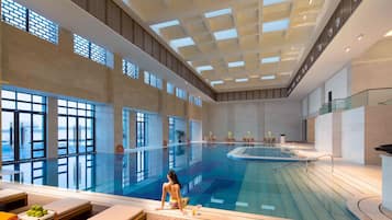 Indoor pool, outdoor pool, pool umbrellas, sun loungers