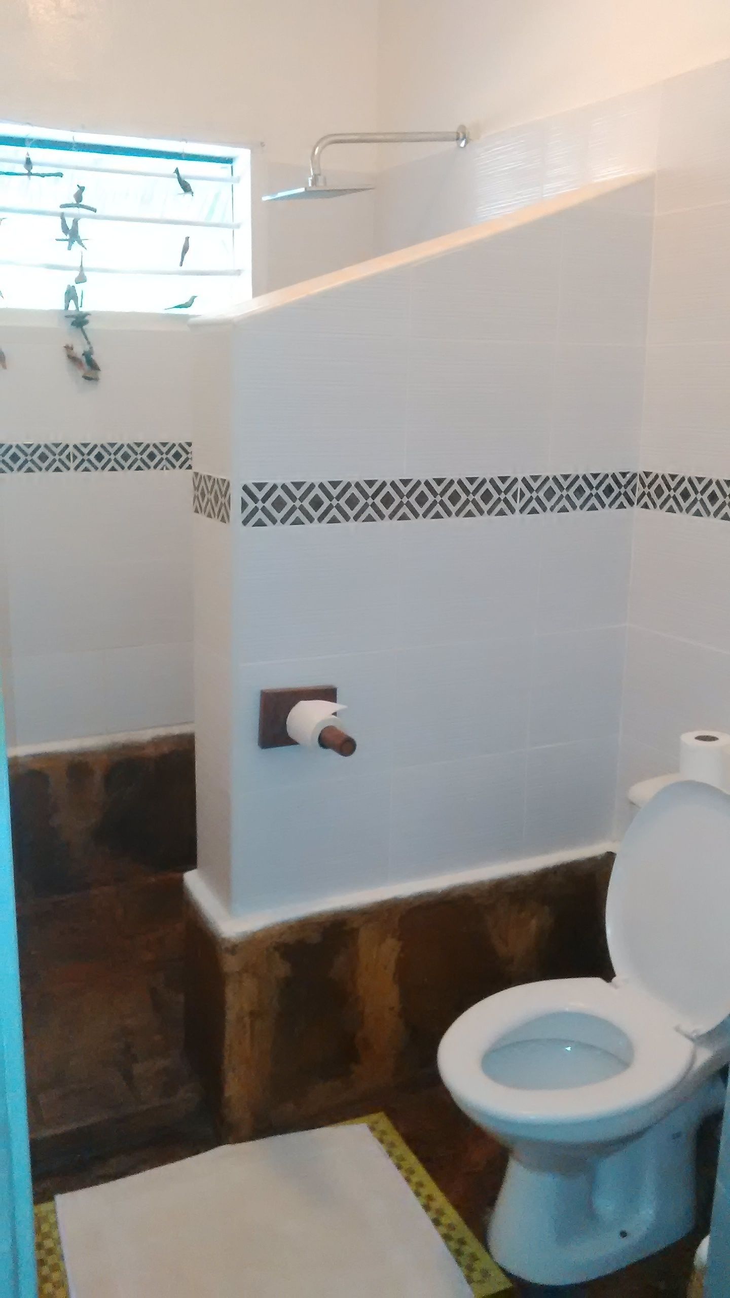 Une salle de bain avec des toilettes, une douche et un lavabo.