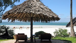 Ein Strandbild mit einem Reetdachschirm, zwei Holzstühlen und Blick aufs Meer.