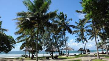 Private beach, beach umbrellas, beach massages, scuba diving