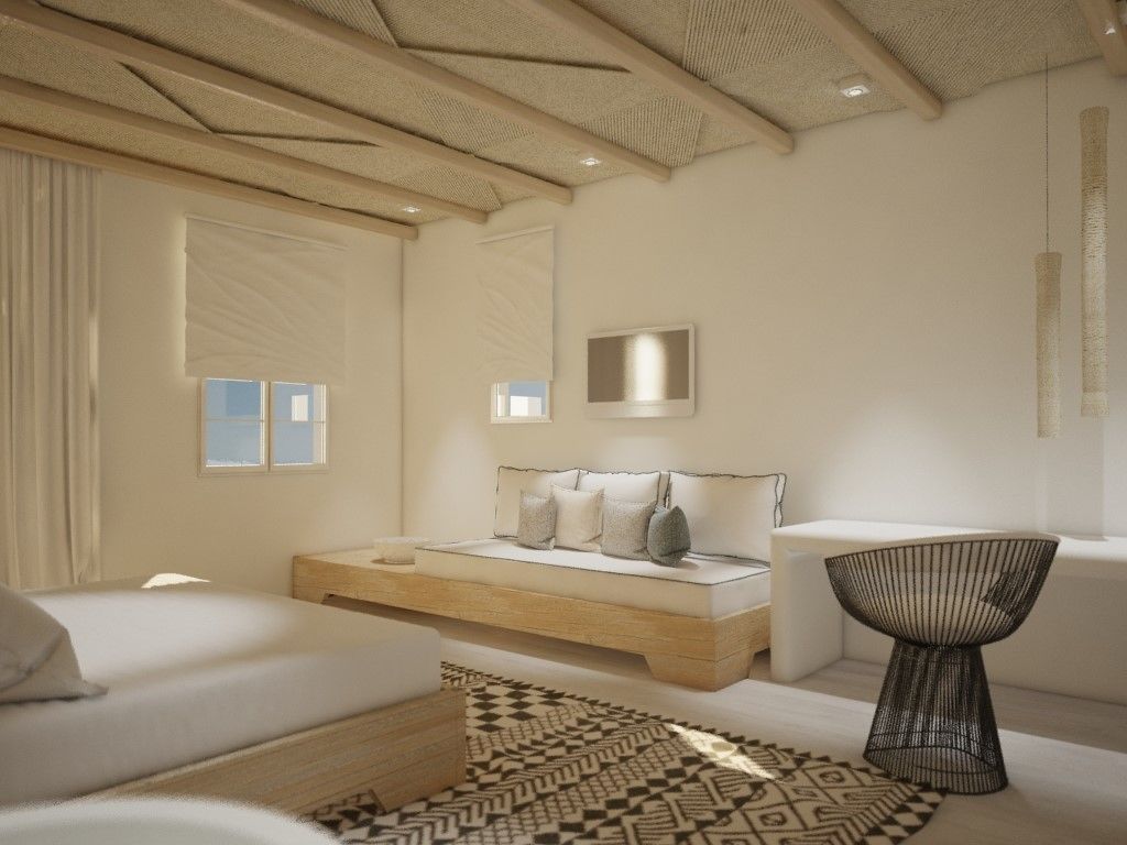 A modern bedroom with a wooden bed, a small bedside table, a decorative rug, and a unique black chair.