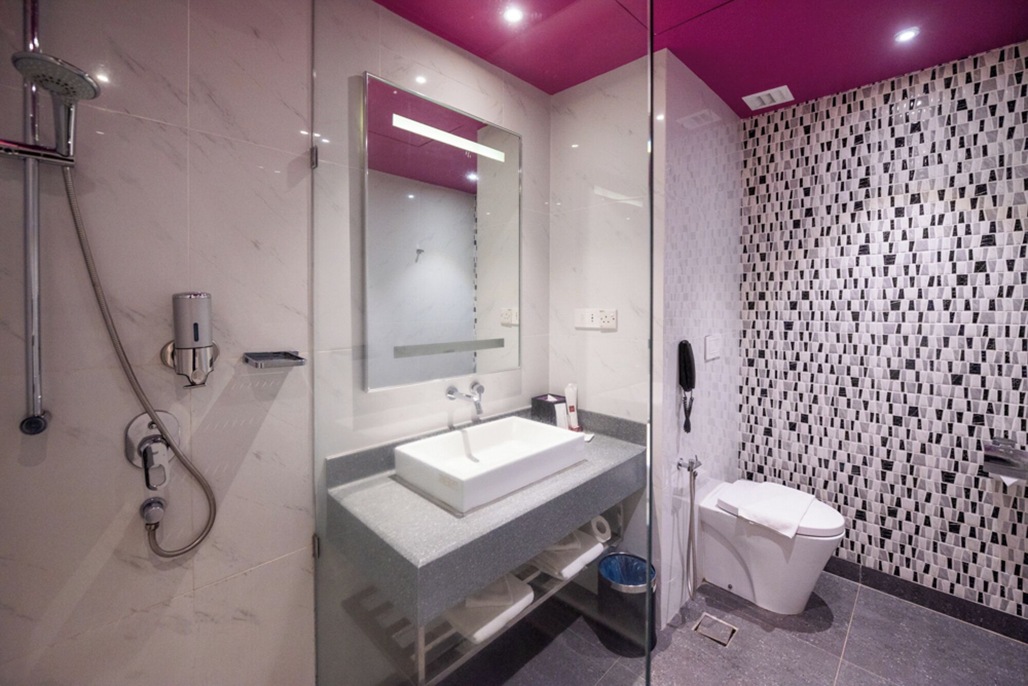 superior queen room | bathroom | rainfall showerhead, free toiletries, hair dryer, slippers