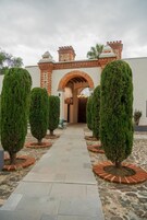 Un patio con entrada de ladrillo, un sendero de piedra y árboles de boj perfectamente podados.