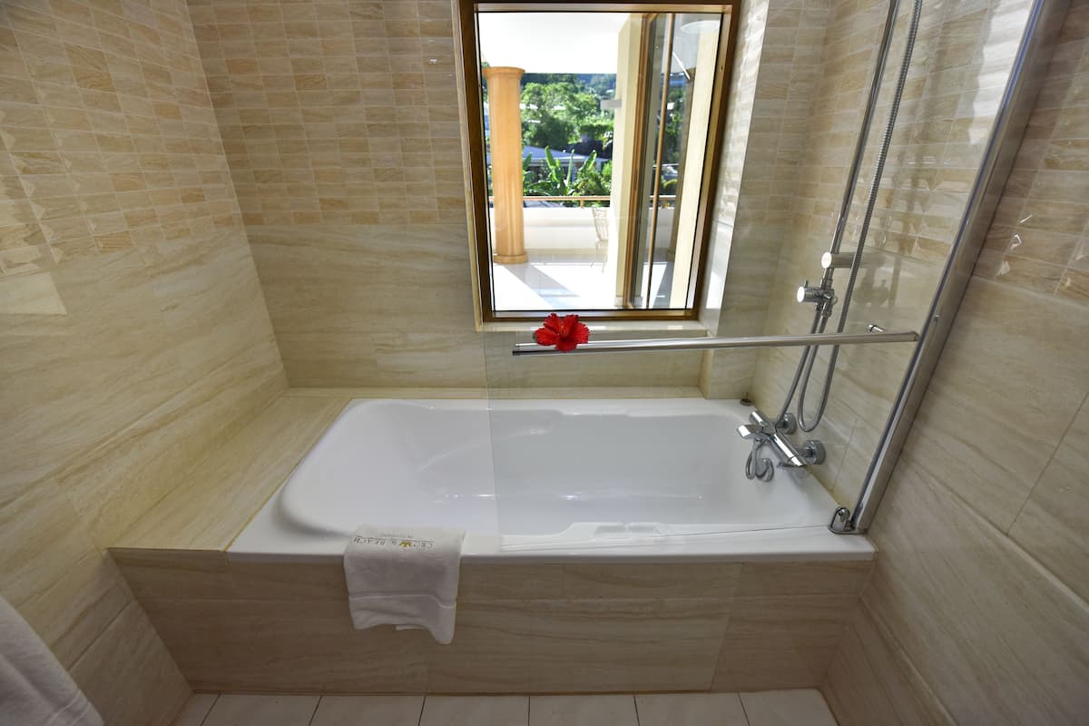 deluxe room, mountain view | bathroom | combined shower/bathtub, rainfall showerhead, free toiletries
