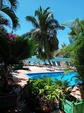 Piscine extérieure, parasols de plage, chaises longues