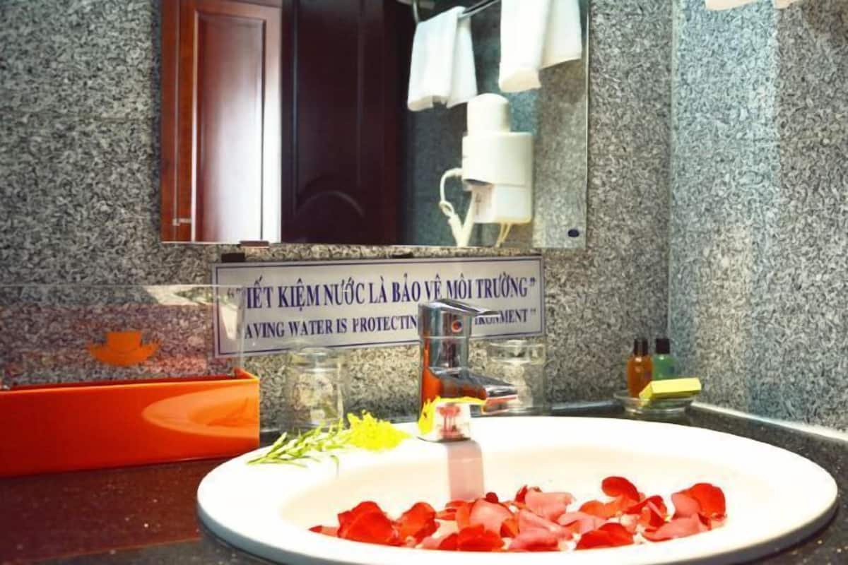 Hydromassage showerhead, designer toiletries, hair dryer, bathrobes