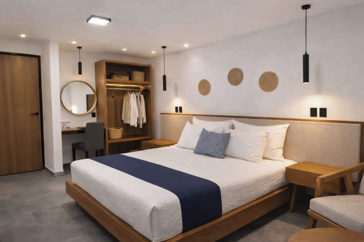 Un dormitorio moderno con una cama grande, un armario de madera, un escritorio y un espejo redondo.