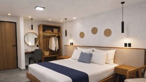 A modern bedroom with a large bed, a wooden wardrobe, a desk, and a round mirror. - Hotel Ix by San Clemente Business Class (Tlaxcala)
