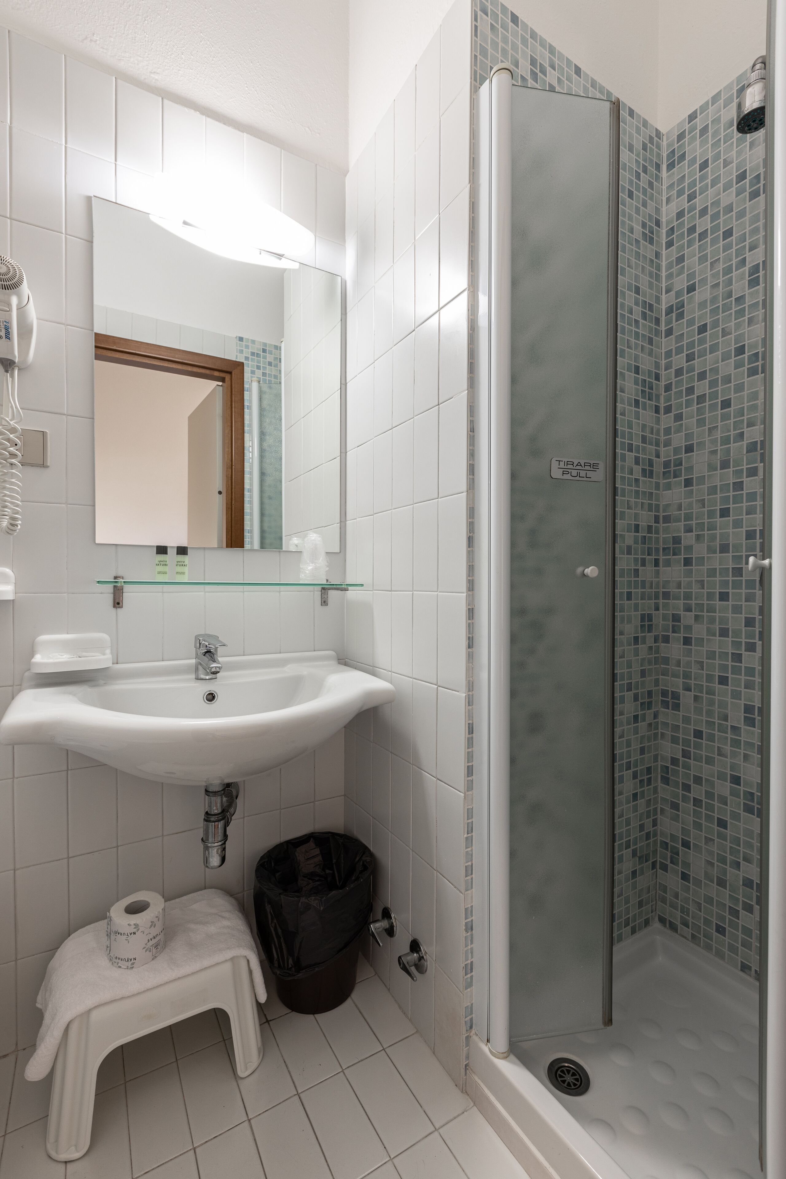 shower, hair dryer, bidet, towels