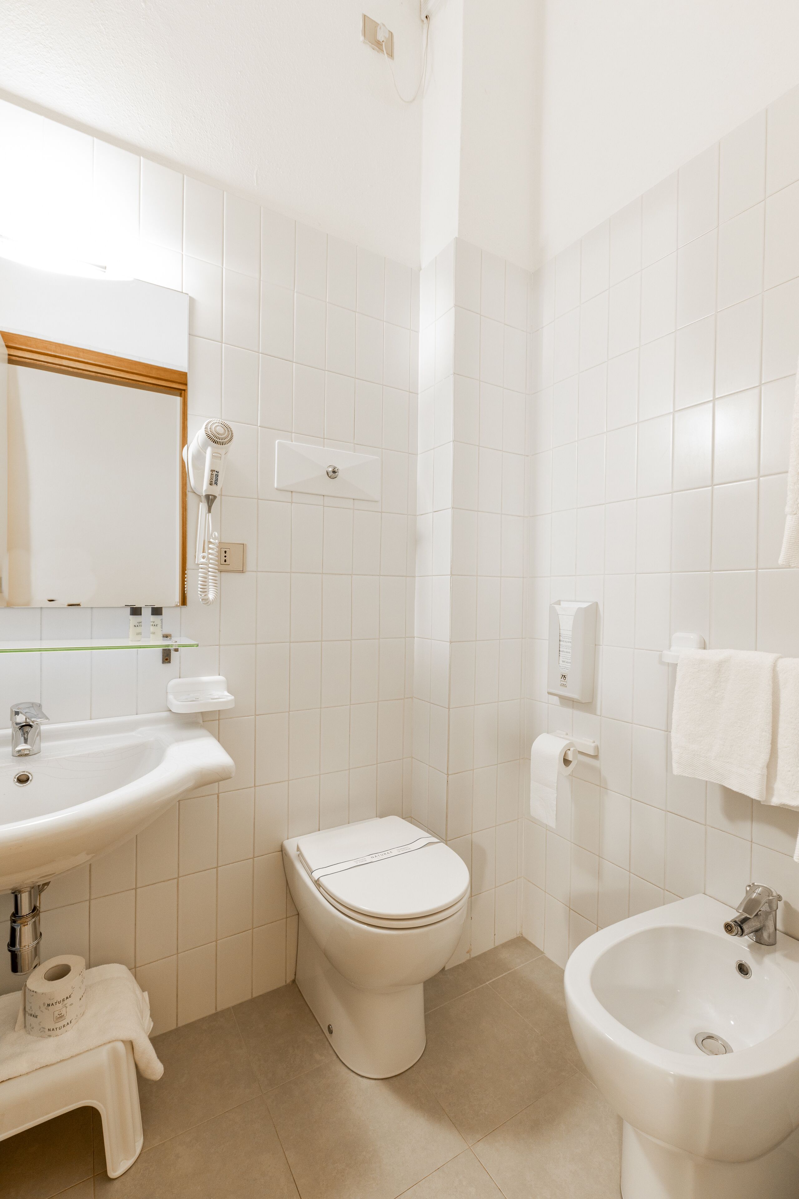standard double or twin room | bathroom | shower, hair dryer, bidet, towels