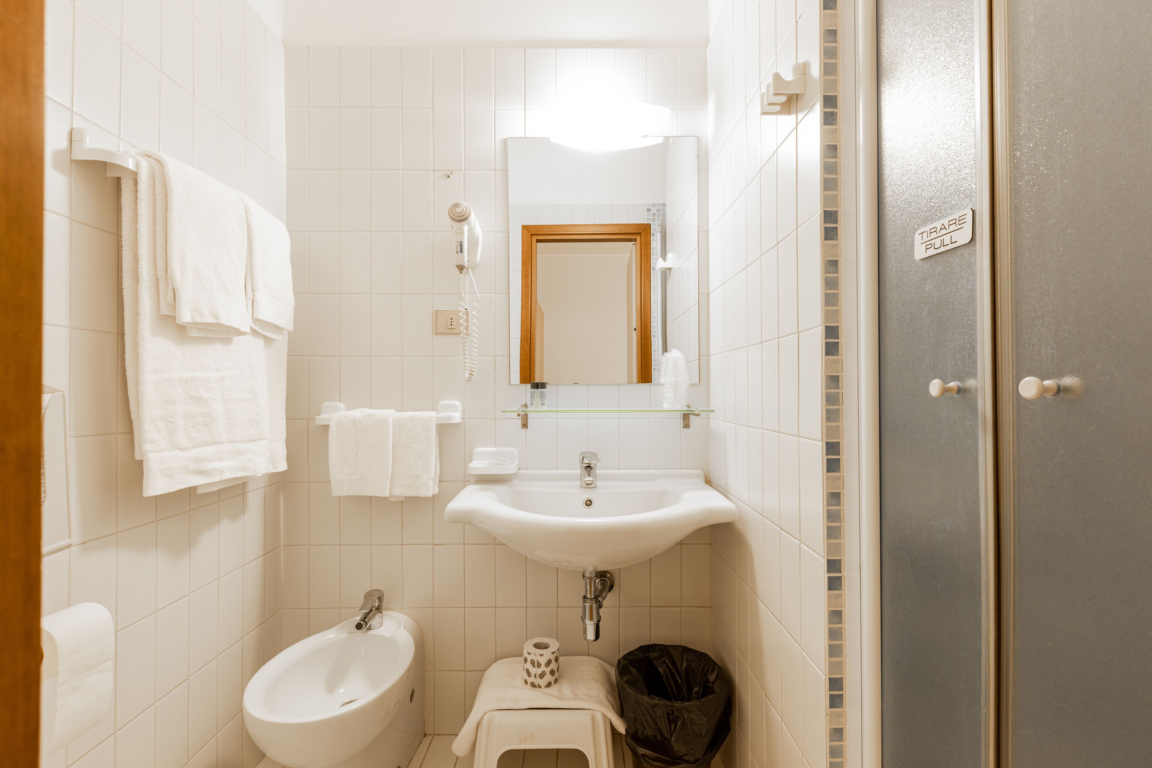 shower, hair dryer, bidet, towels