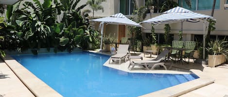 Outdoor pool, pool loungers