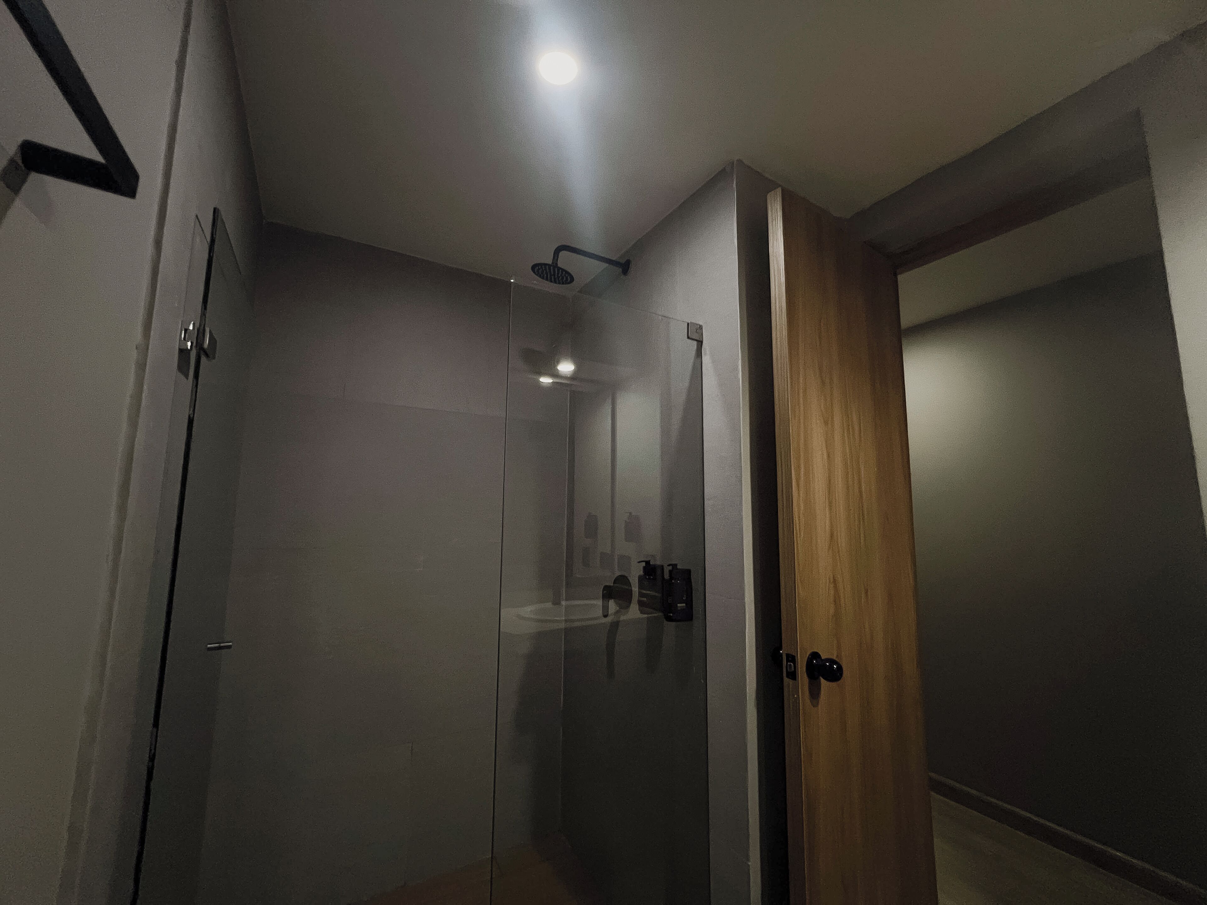 superior twin room | bathroom | shower, rainfall showerhead, towels
