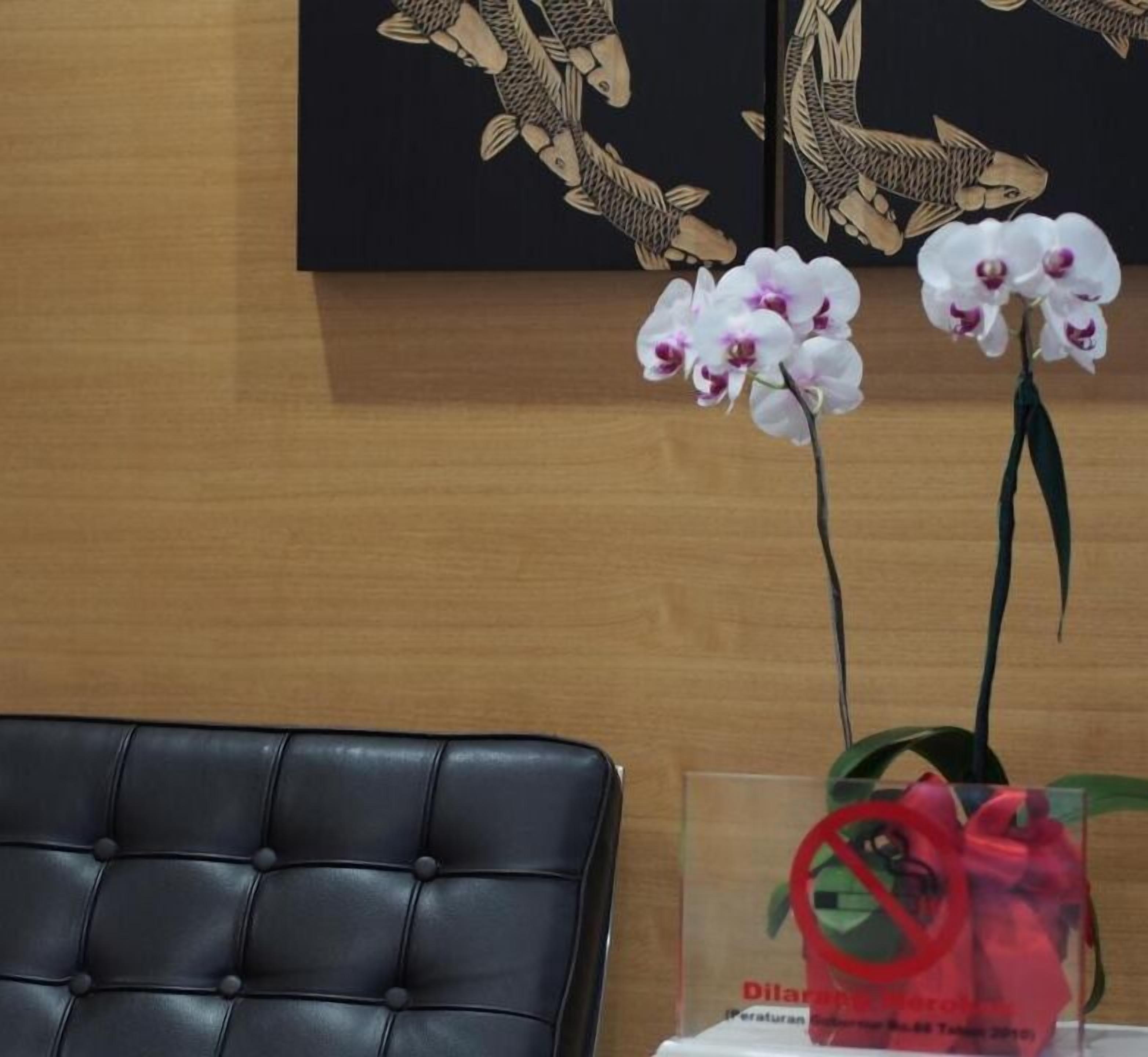 A room with a black leather chair, two white orchids, and a wall with a fish mural.